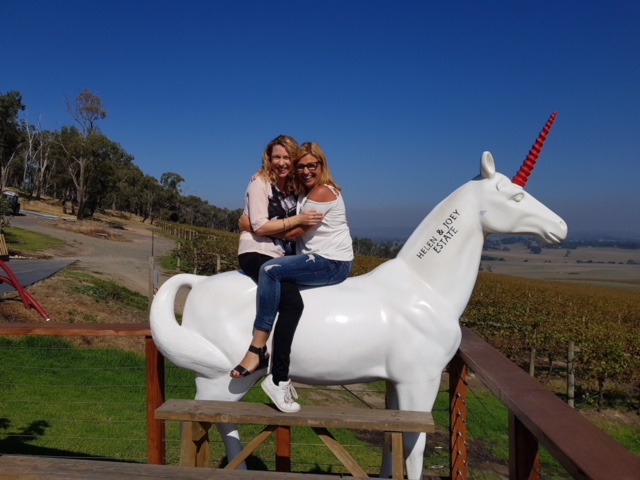Writer Diane and sister Julie on a unicorn at Helen and Joey Estate winery in the Yarra Valley Writer Diane and sister Julie on a unicorn at Helen and Joey Estate winery in the Yarra Valley