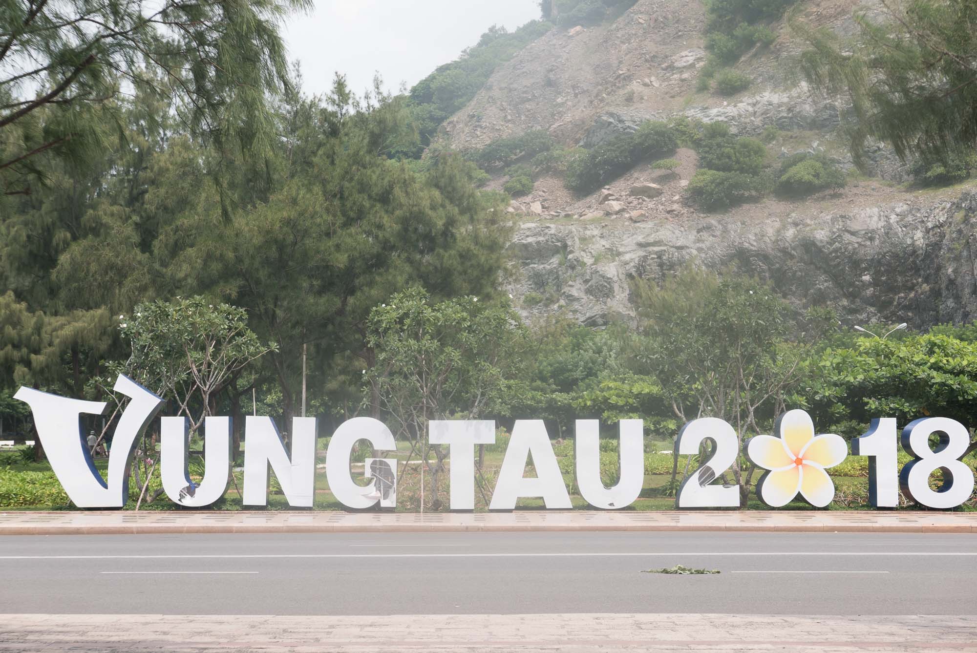 A sign for Vung Tau, 2018 on the road side in Vung Tau, Vietnam.